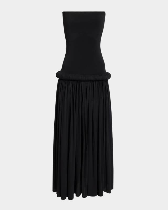 Strapless Pleated Pipe Drop-Waist Maxi Dress